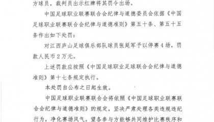官方：江西庐山球员张延军实施暴力行为染红，被停赛4场+罚款2万